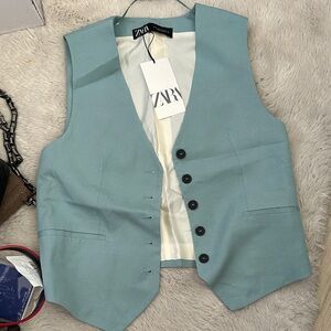 NWT Zara Sky Blue Sleeveless Vest with Black Buttons